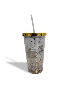 Sipper - Blue Hexagon Glitter with Golden Lid and Straw (470ml)