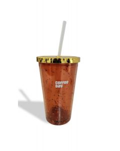 Sipper - Orange Star Glitter with Golden Lid and Straw (470ml)